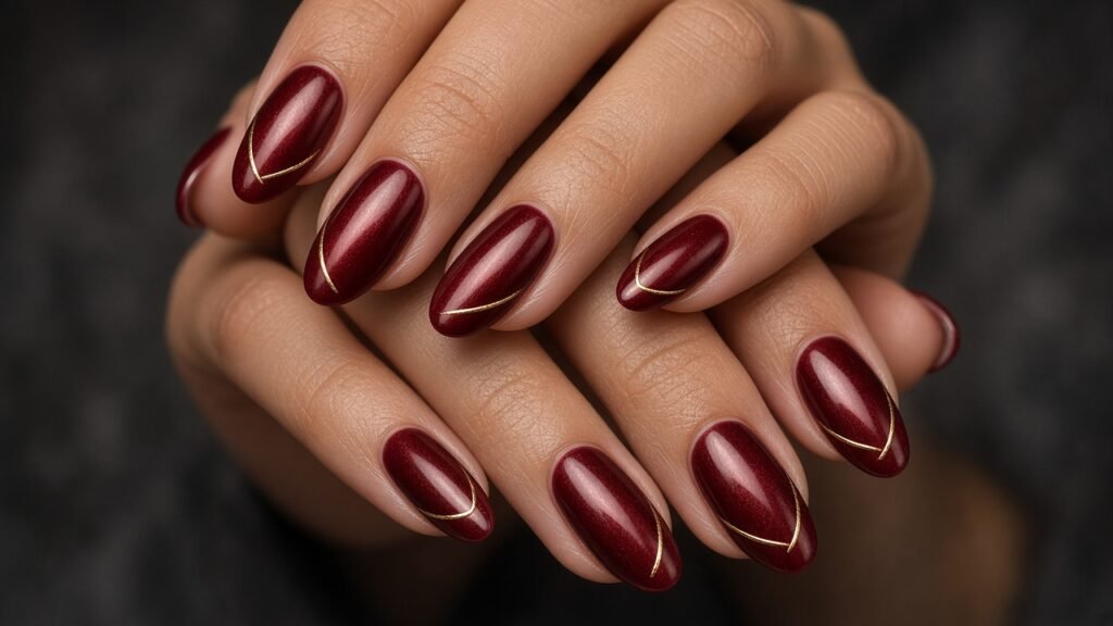 Velvet Red Cat Eye with Gold Lines - red and gold nails