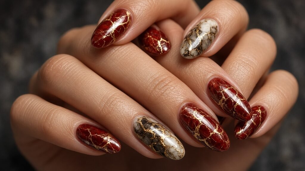 Red and Gold Marble - red and gold nails