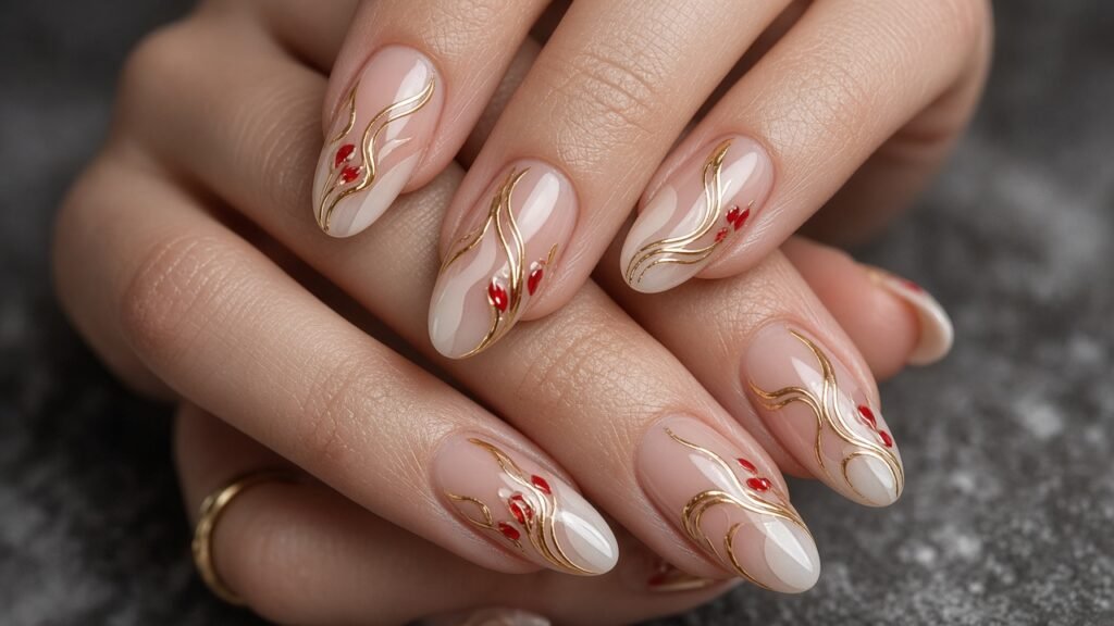 Negative Space Gold Swirls - red and gold nails
