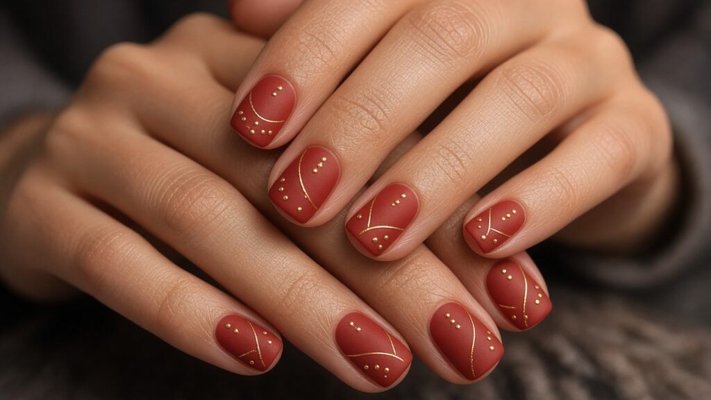 Matte Red with Glossy Gold Details - red and gold nails