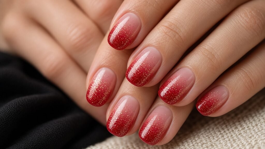 Red Ombre with Gold Glitter Tips - red and gold nails