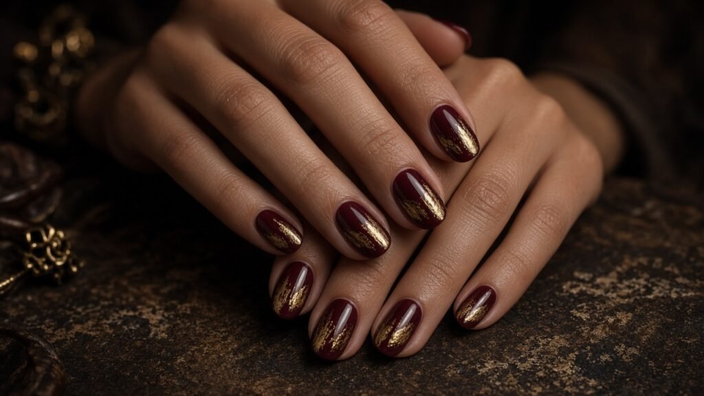 Burgundy and Antique Gold - red and gold nails