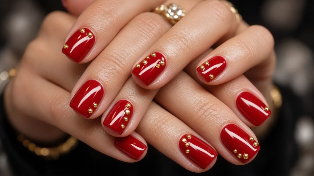 Studded Red and Gold Glam - red and gold nails