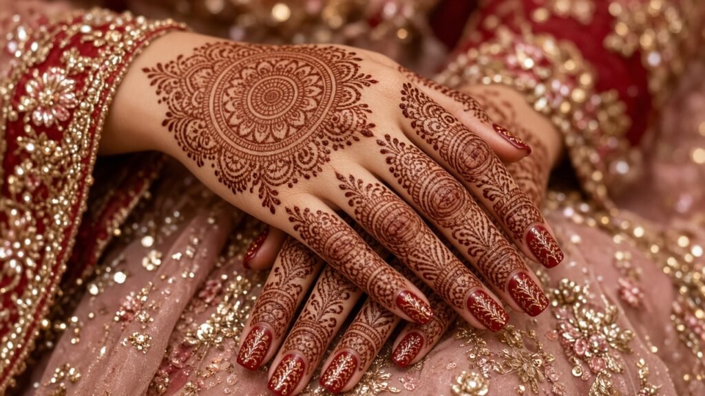 Mehndi-Inspired Gold Line Art - red and gold wedding nails