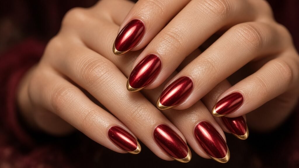 Ruby Chrome with Gold Tips - red and gold wedding nails