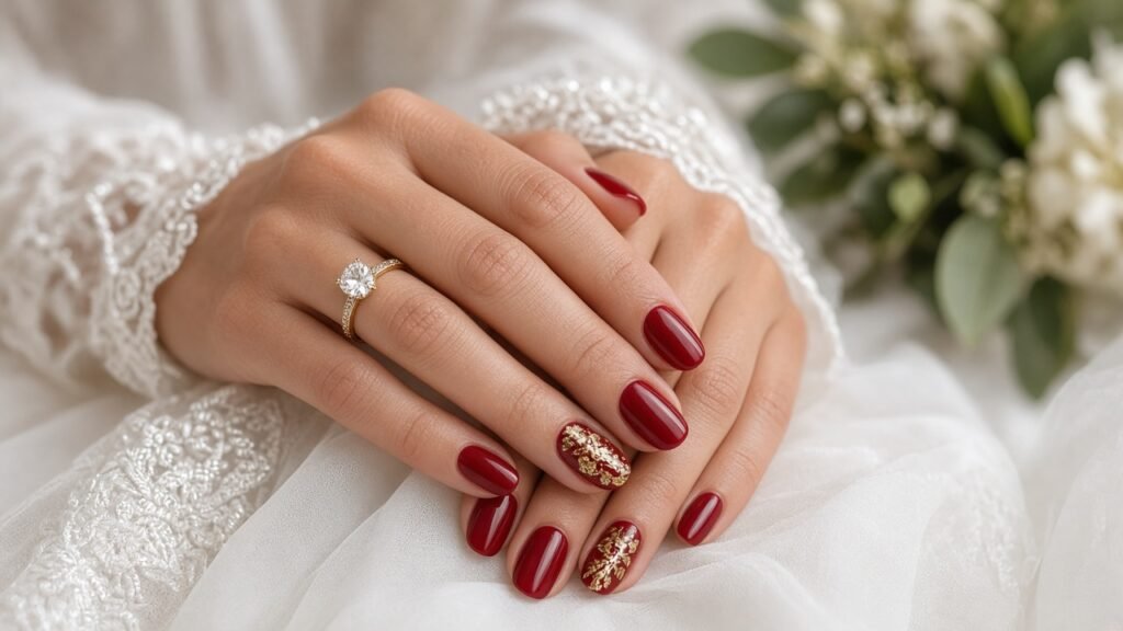 Classic Bridal Red with Gold Leaf - red and gold wedding nails