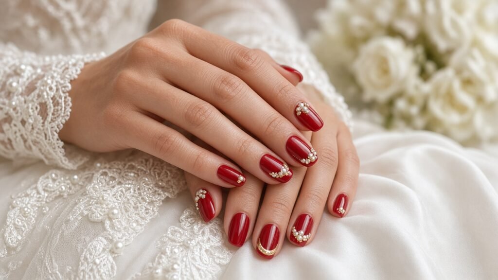 Red and Gold Wedding Nails with Pearls