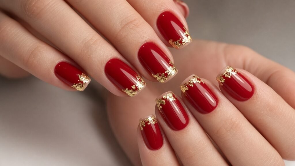 Gold Foil French on Red - red and gold wedding nails