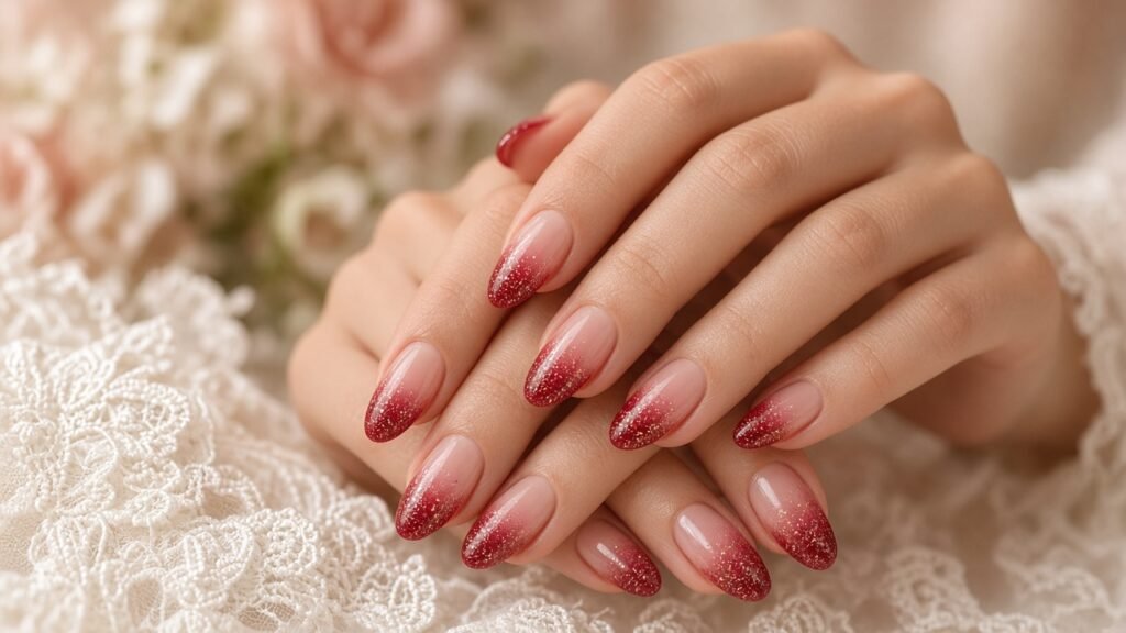 Red Ombre with Gold Glitter - red and gold wedding nails