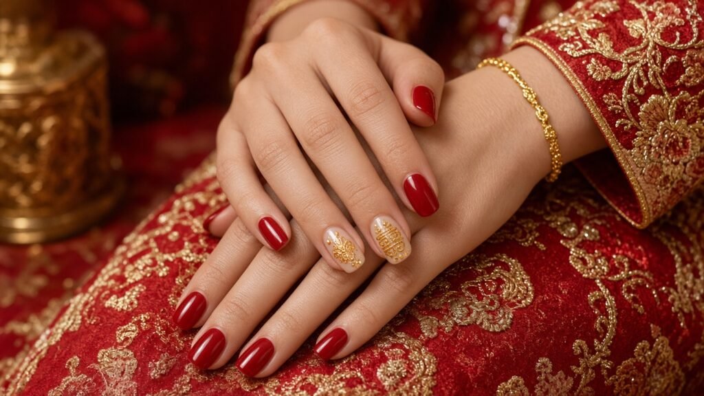 Double Happiness Gold Accents - red and gold wedding nails