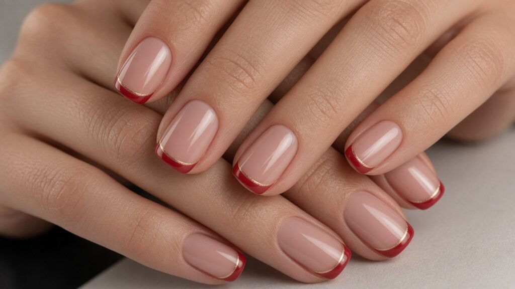 Minimal Red Tips with Gold Lines - red and gold wedding nails