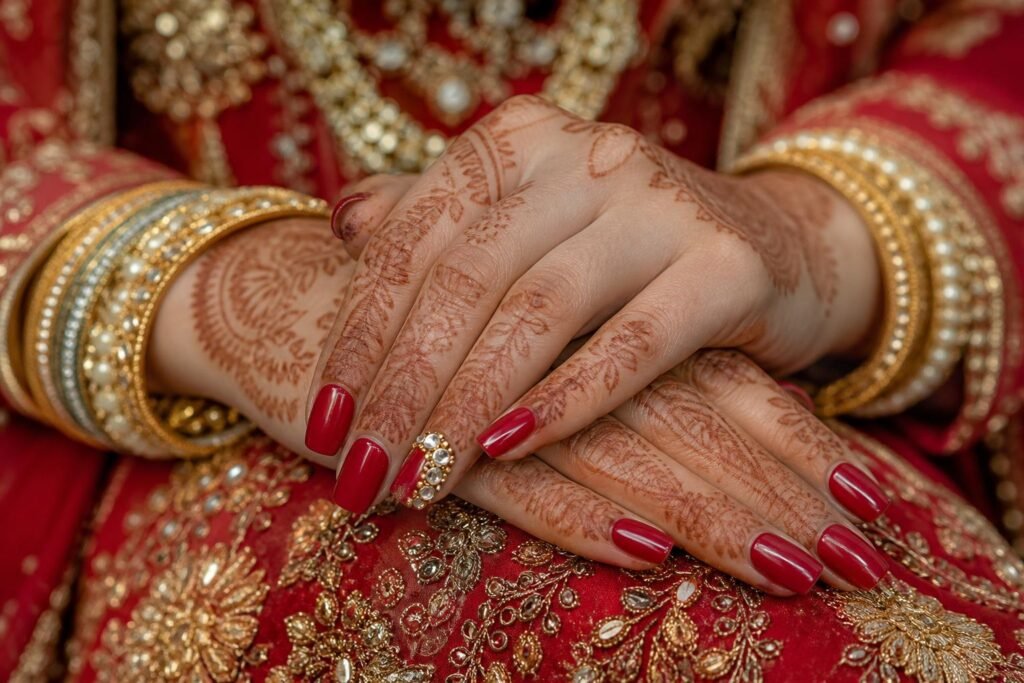 Kundan-Inspired Embellished Accent - red and gold wedding nails