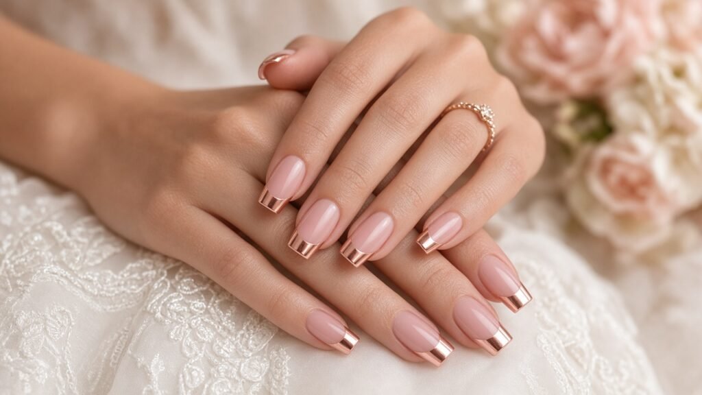 Rose Gold Chrome Tips - rose gold bridal nails