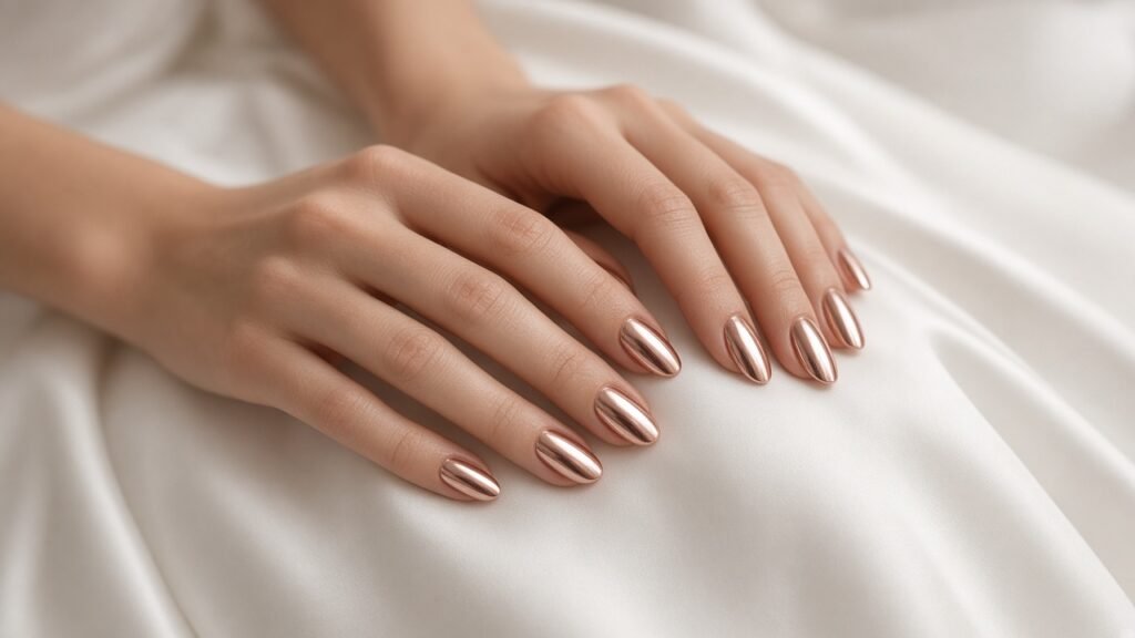 Full Mirror Chrome Rose Gold Bridal Nails