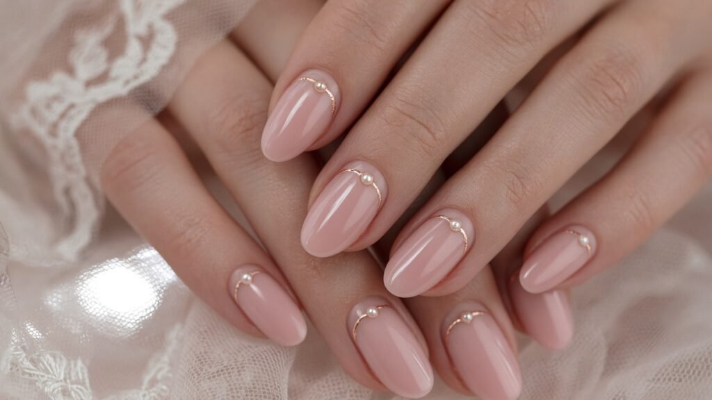 Pearl and Rose Gold Accents - rose gold bridal nails