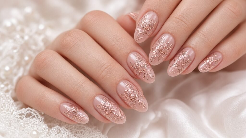 Rose Gold Floral Outline - rose gold bridal nails
