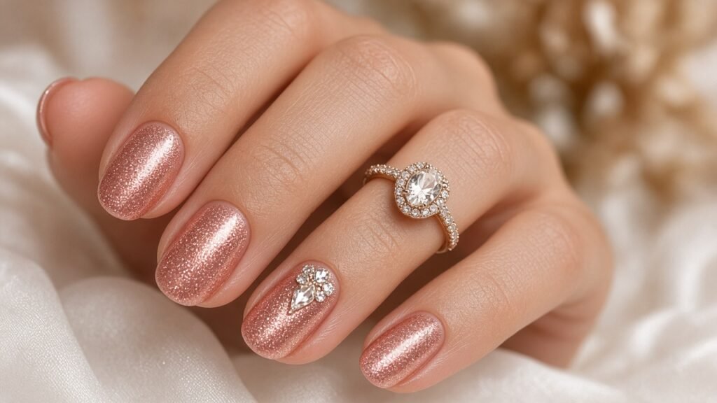 Rose Gold Crystal Ring Finger - rose gold bridal nails