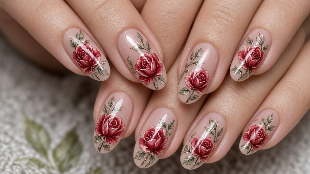 Hand-Painted Red Rose Accents - rose press on nails