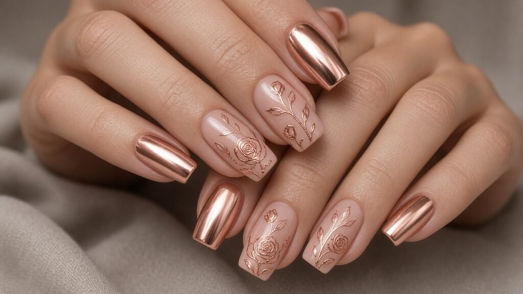 Rose Gold Chrome with Floral Line Art - rose press on nails