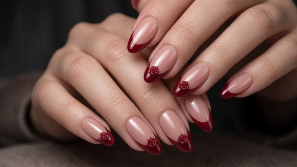 Red Rose French Tips - rose press on nails