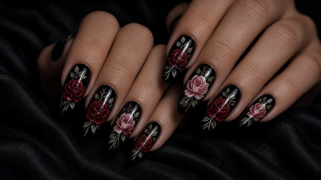 Black and Rose Contrast - rose press on nails