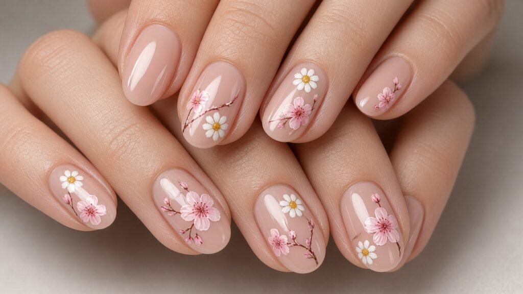 Tiny Florals on Short Almond Nails