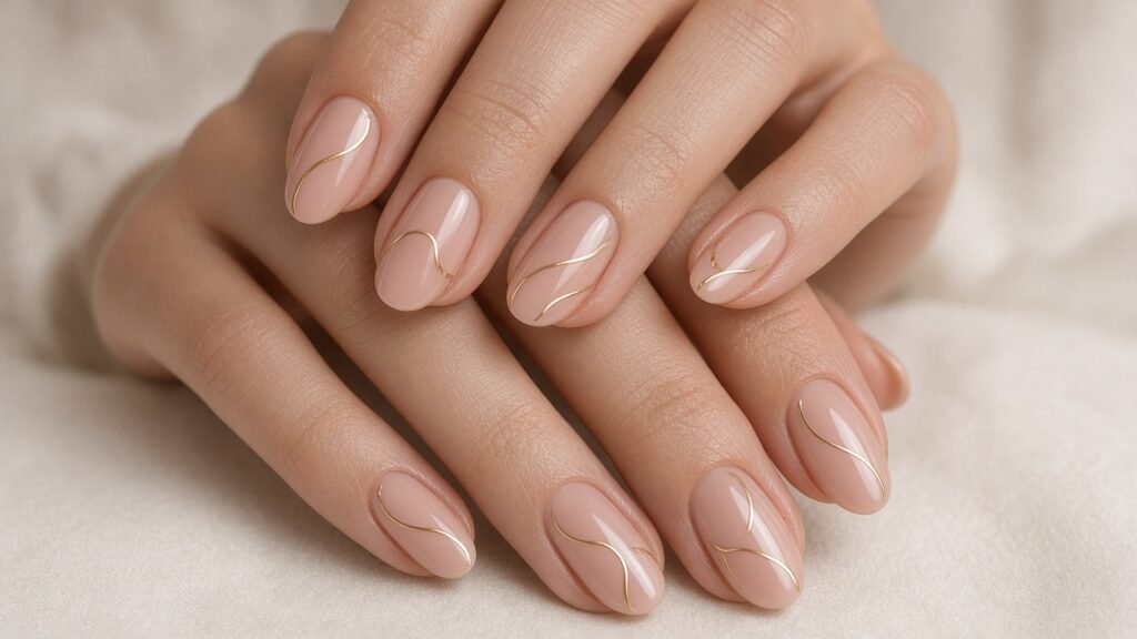 Minimal Gold Line Art - short almond nails