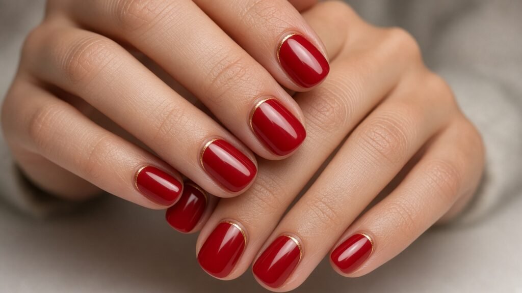 Cherry Red with Gold Cuticle Line - short red and gold nails