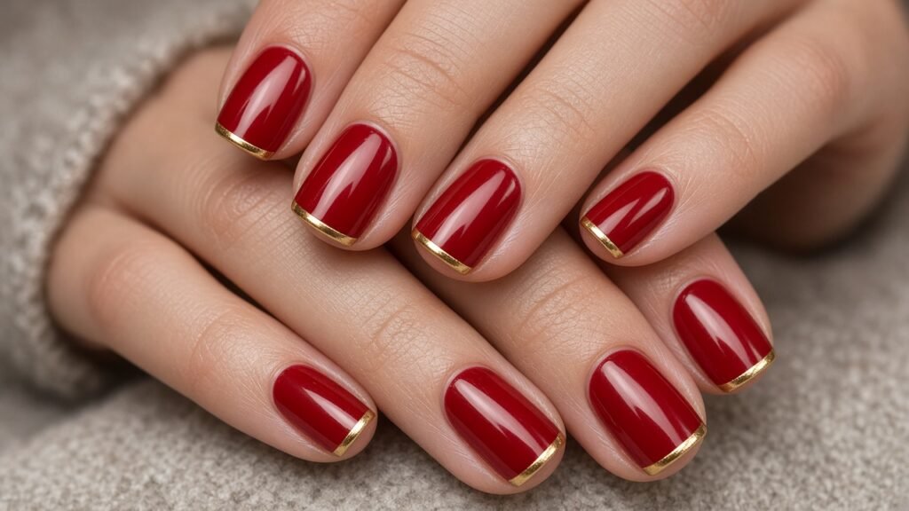 Micro Gold French on Red - short red and gold nails