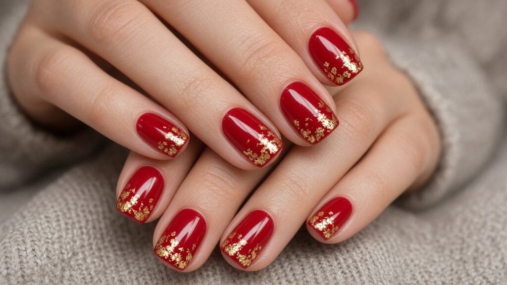 Gold Foil Accents on Short Red Nails - short red and gold nails