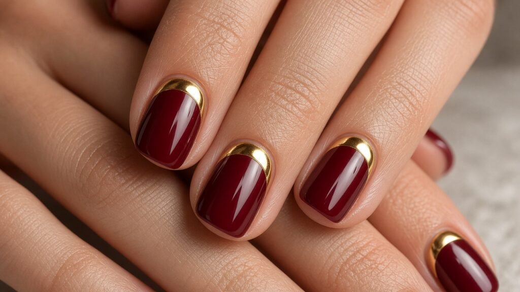 Red and Gold Half Moon - short red and gold nails