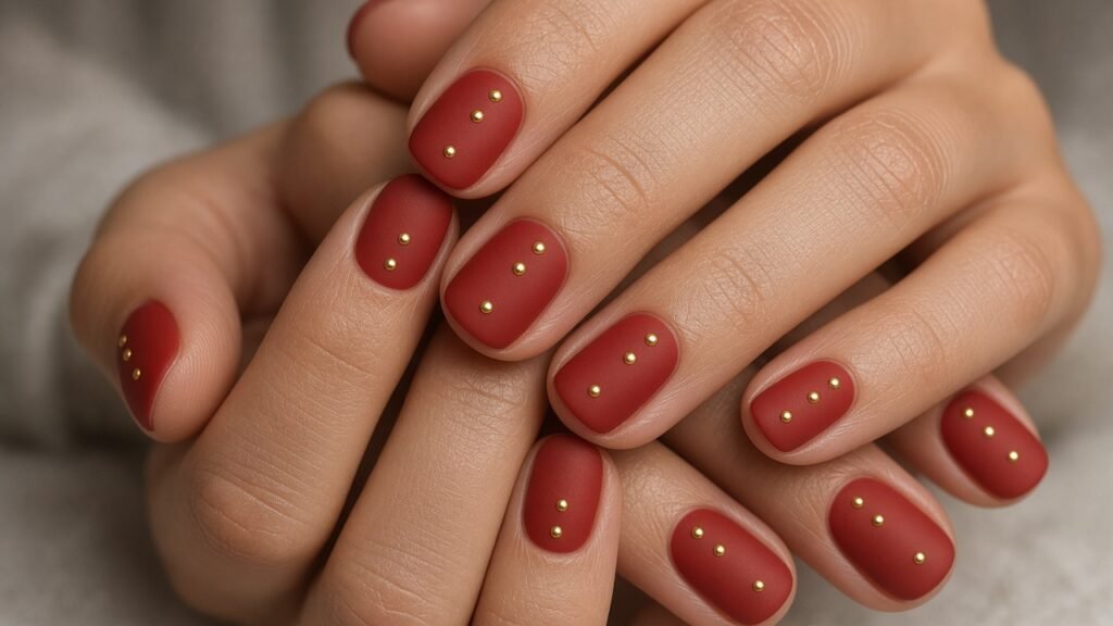 Gold Dots on Matte Red - short red and gold nails