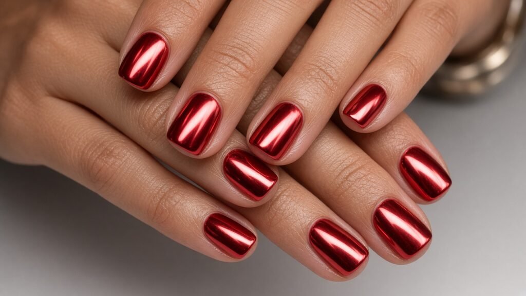 Cherry Chrome Short Nails - short red and gold nails
