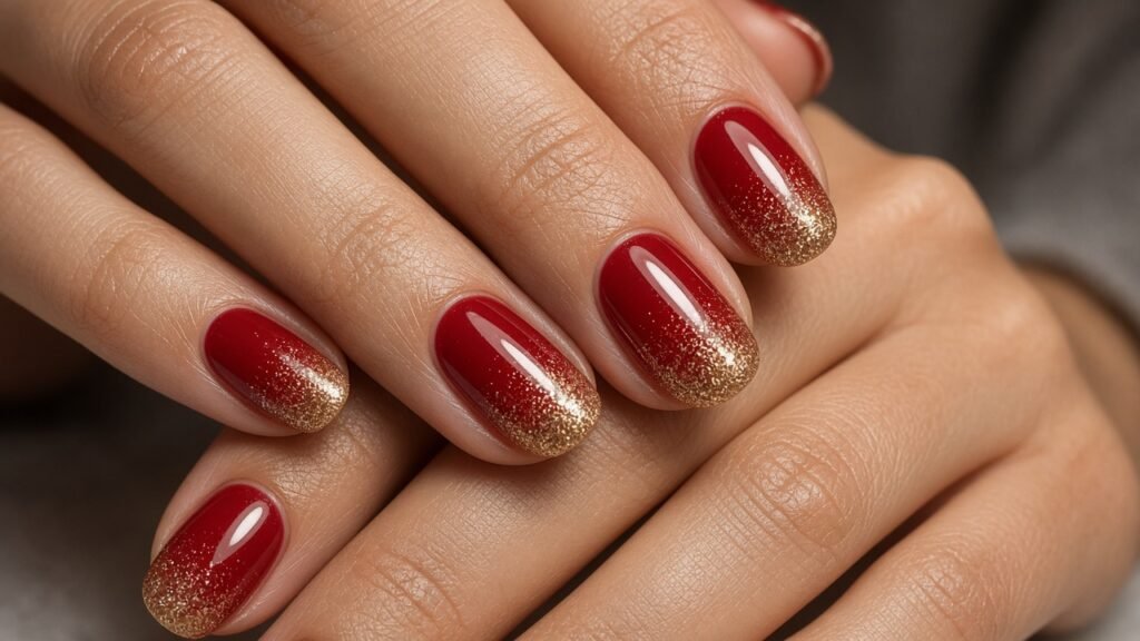 Gold Glitter Gradient on Red - short red and gold nails
