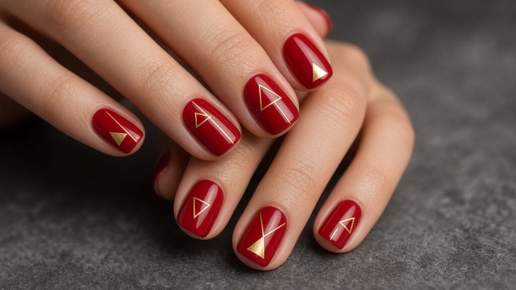 Red and Gold Geometric Accents - short red and gold nails