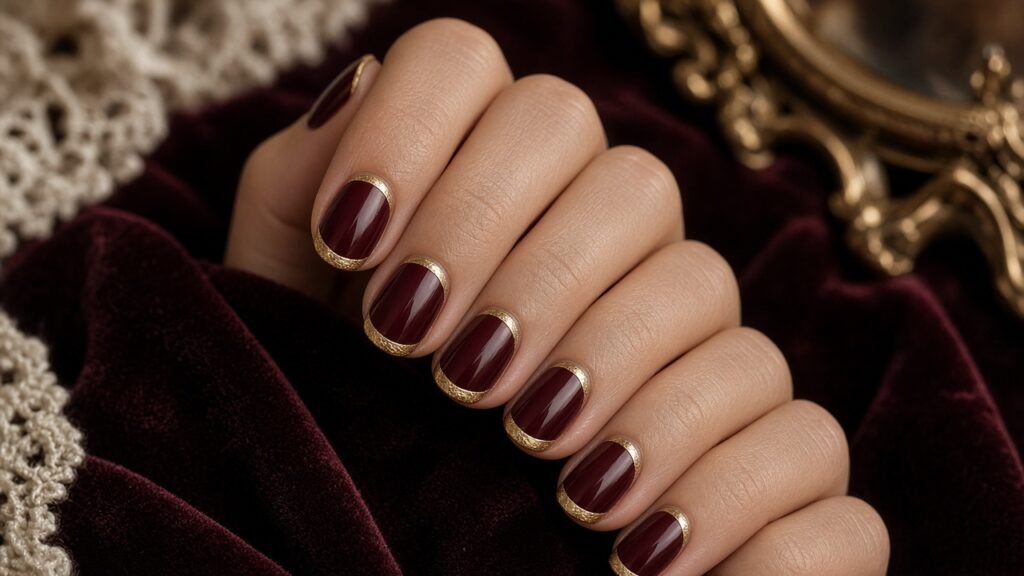 Burgundy with Antique Gold Tips - short red and gold nails