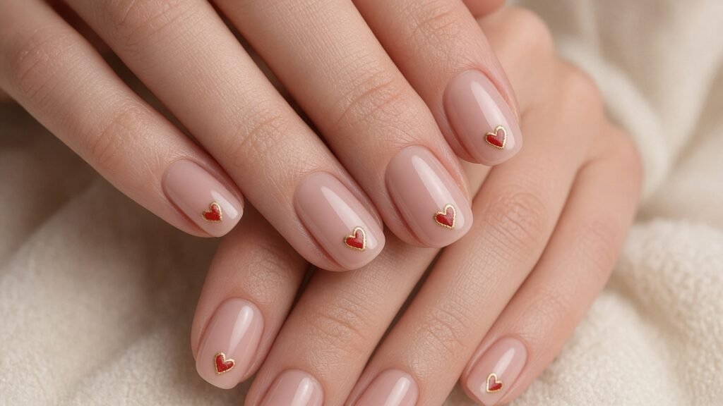 Red Hearts with Gold Outline - short red and gold nails