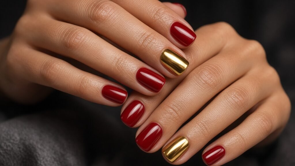 Gold Chrome Accent Nail with Red - short red and gold nails