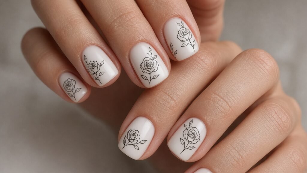 Rose Line Art on Milky White - short rose nails