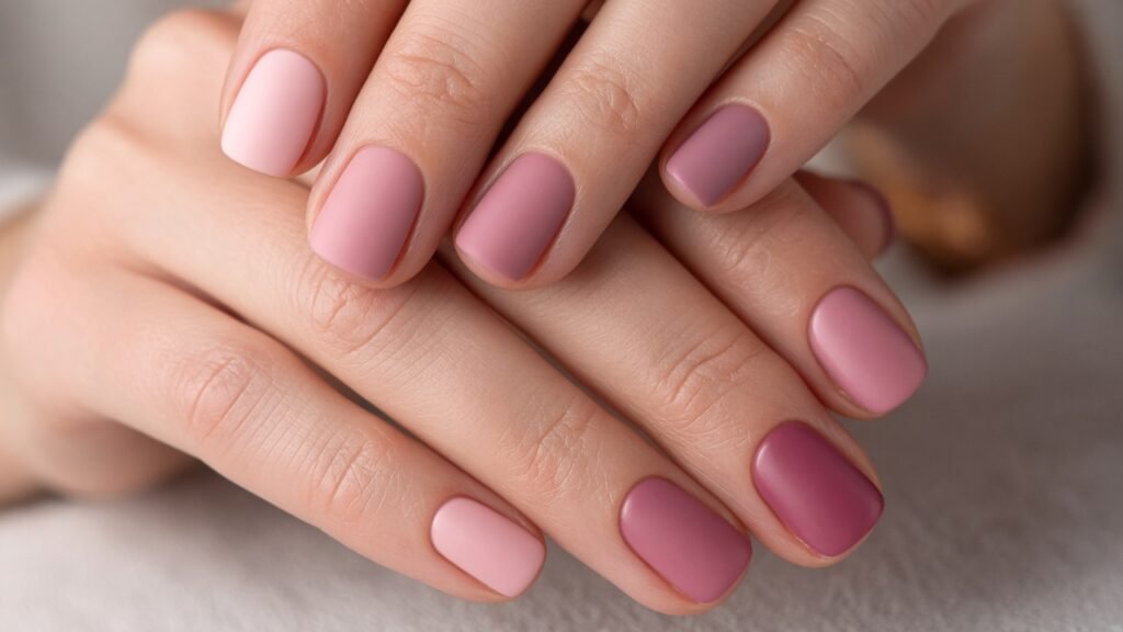 Mixed Rose Shades Mani - short rose nails
