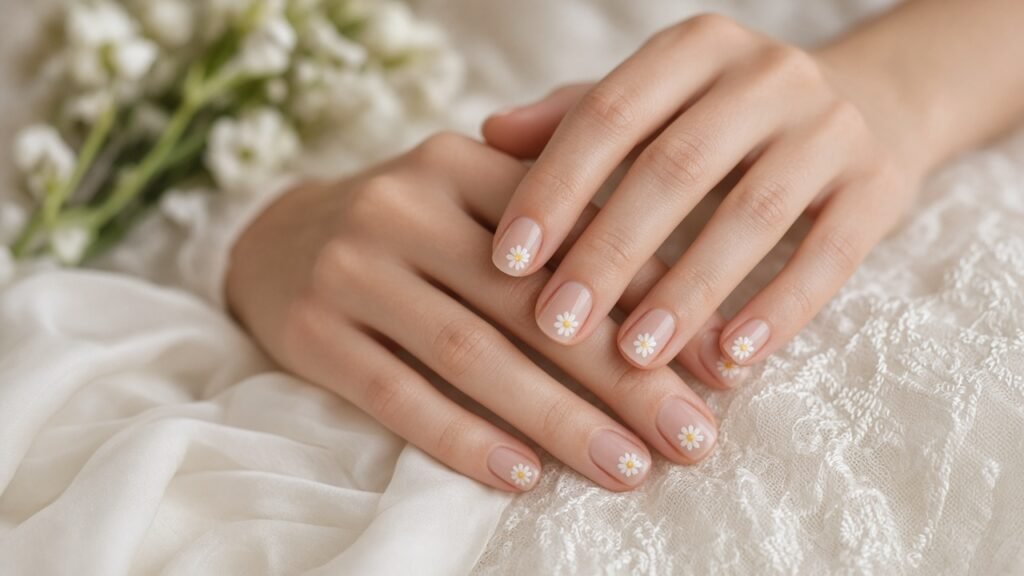 Mini Floral on Ring Finger - short wedding nails
