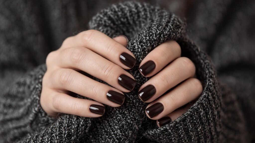 Glossy Espresso Short Winter Nails