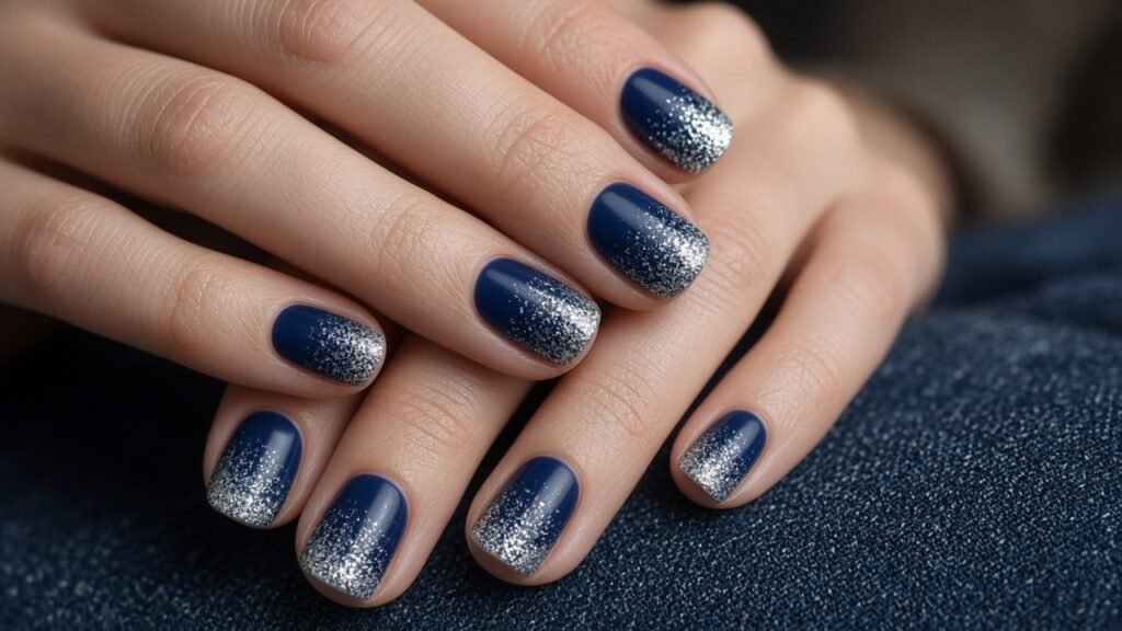 Navy Glitter Gradient - short winter nails