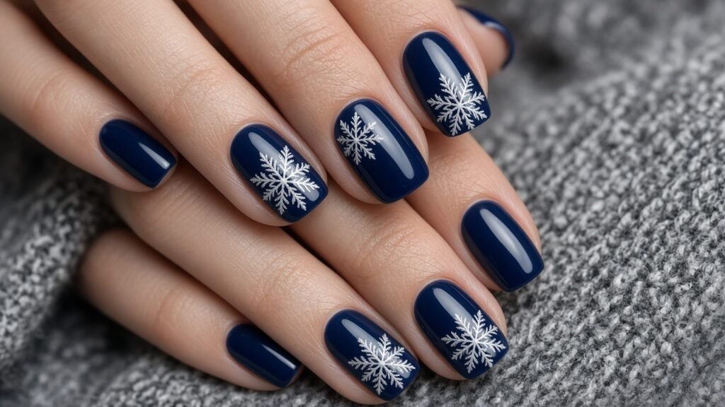 Classic White Snowflake Nails on Navy