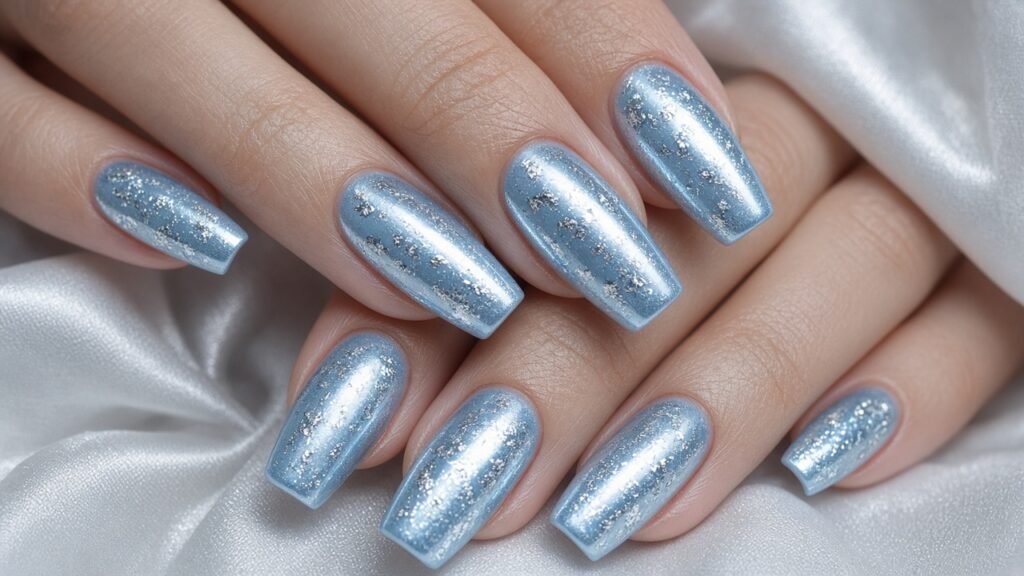 Icy Blue Chrome with Silver Flakes - snowflake nails