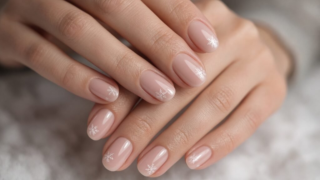Nude Base with Tiny Snowflakes - snowflake nails