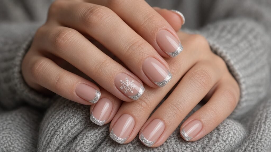 Glitter Tips with Snowflake Accents - snowflake nails