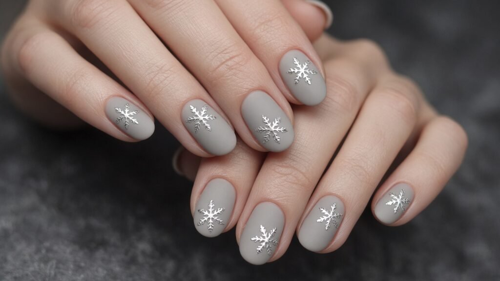 Matte Grey with Glossy Snowflakes - snowflake nails