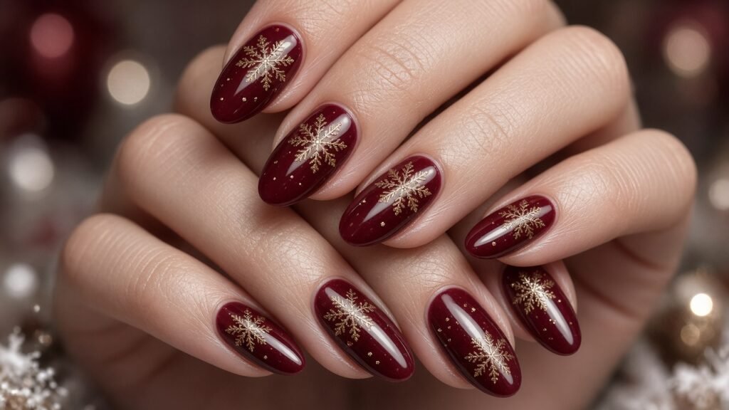 Gold Snowflakes on Burgundy - snowflake nails