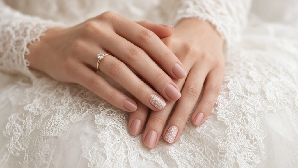 Lace Stamped Accent Nails - bridal nail designs